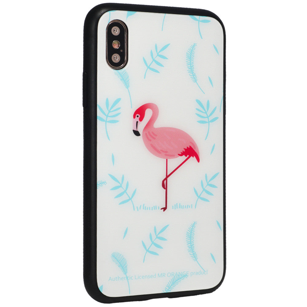 Glass with print TPU Case iPhone Xs — Blue Flamingo