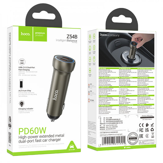 Car Charger 60W 2 PD Hoco Z54B — Gold