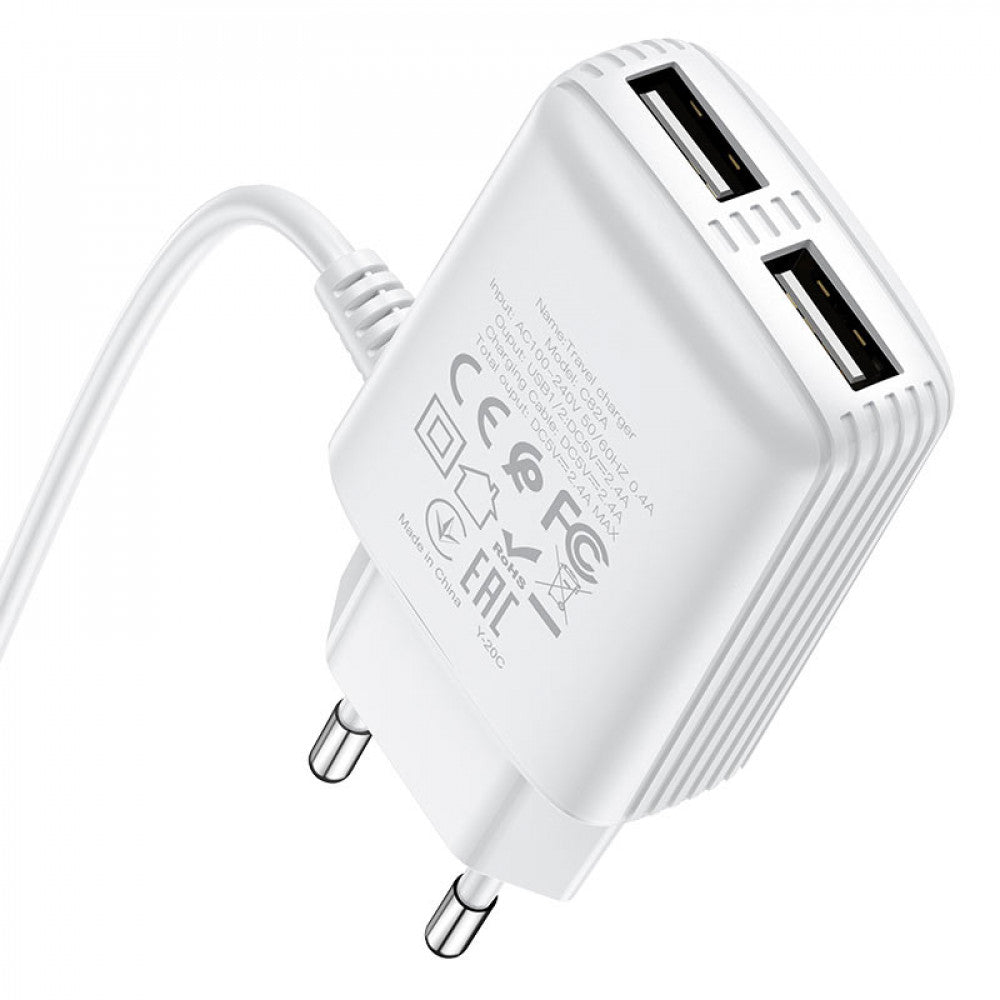 Home Charger | 2.4A | 2U | Lightning Cord (1m) – Hoco C82A – White