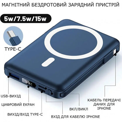 Power Bank 10000 mAh | Yiisonger KT-D011, 22.5W, MagSafe 18W, + 2 кабеля Type-C и IP, Синий