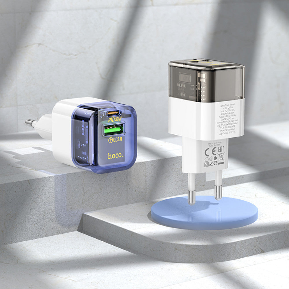 Home Charger 30W PD QC3.0 C to C Cable (1m) Hoco C131A – Transparent Black