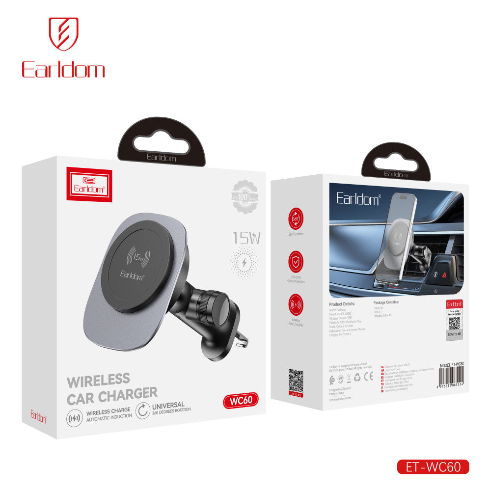 Автотримач магнітний на повітропровід з бездротовою зарядкою 15W Earldom ET-WC60
