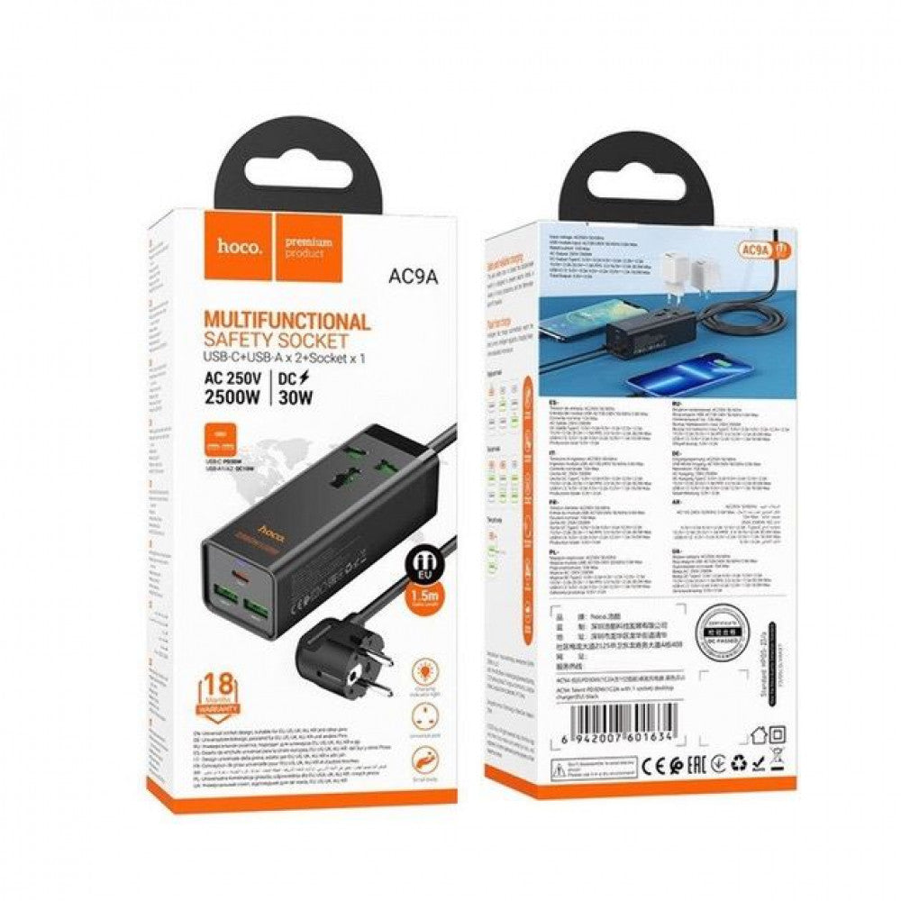 Мережевий фільтр 2500W 2U | 1P | 1C 30W | 1.5m — Hoco AC9A — Black