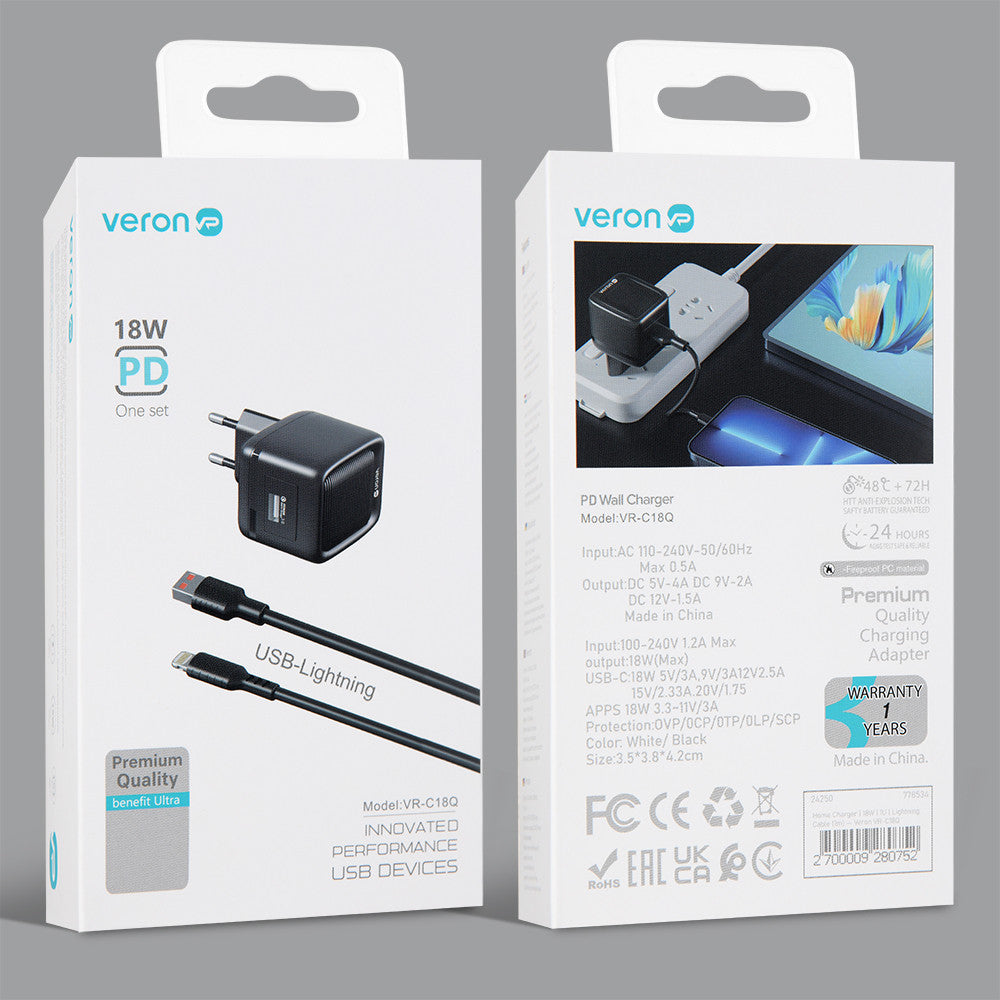 Home Charger | 18W | 1U | Lightning Cable (1m) – Veron VR-C18Q