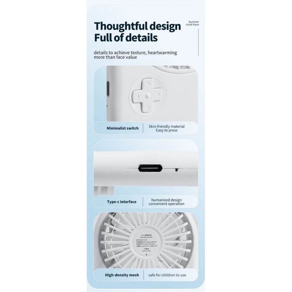 Портативный мини вентилятор N12-A - 800 mAh — White