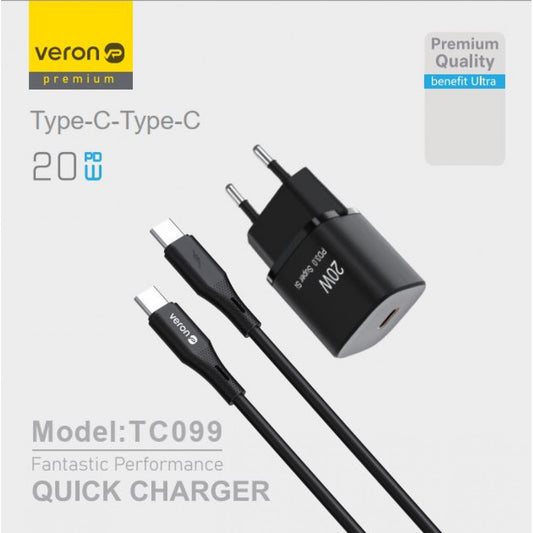 Home Charger | 20W | QC3.0 | Type C To Type C Cable (1m) — Veron TC-099