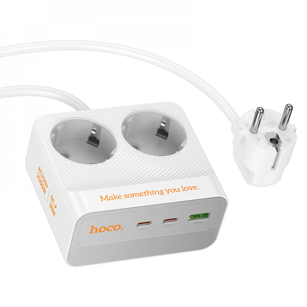 Power Extension 1U | 2P | 2C — Hoco AC27 L=2M  — White