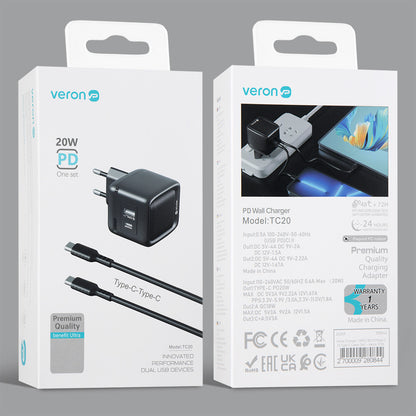 Home Charger | 20W | QC3.0 | Type C To Type C Cable (1m) – Veron TC20