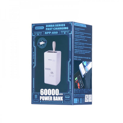 Power Bank 60000 mAh 100W— Remax RPP-650 100W PD+QC Fast charging — White