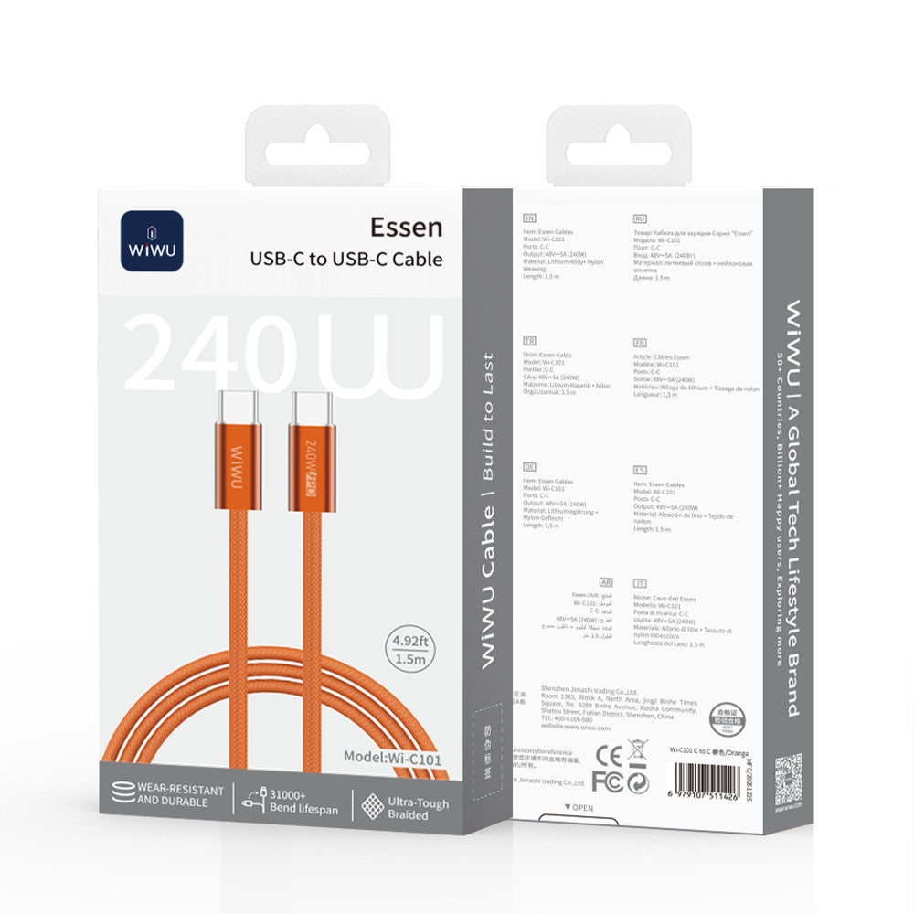 Кабель USB C to C 240W PD (1.5m) WiWU Wi-C101 — Orange