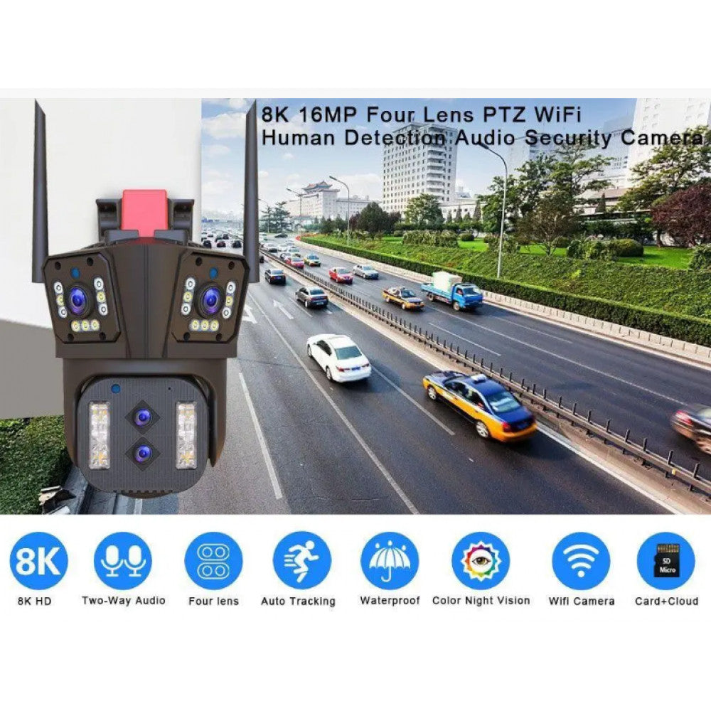 Overscam Smart 8k PTZ Wi-Fi IP camera with 10x zoom and 4 lenses.