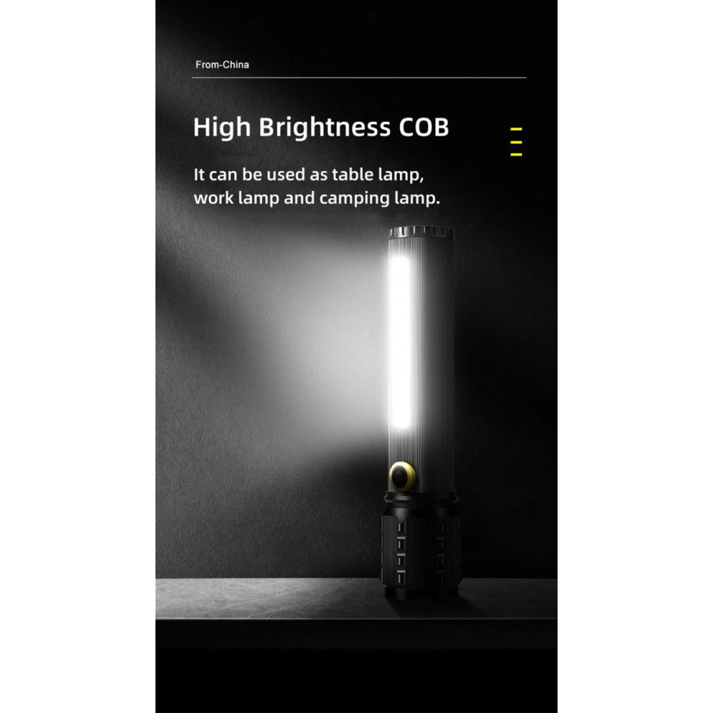 Rechargeable LED flashlight C73 with side diode three modes of operation, main light, side LED light and strobe