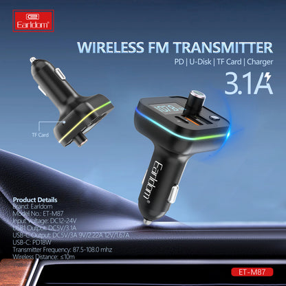 Fm Modulator MP3 | Car Charger | 3.1A | 2U | 1C - Earldom ET-M87