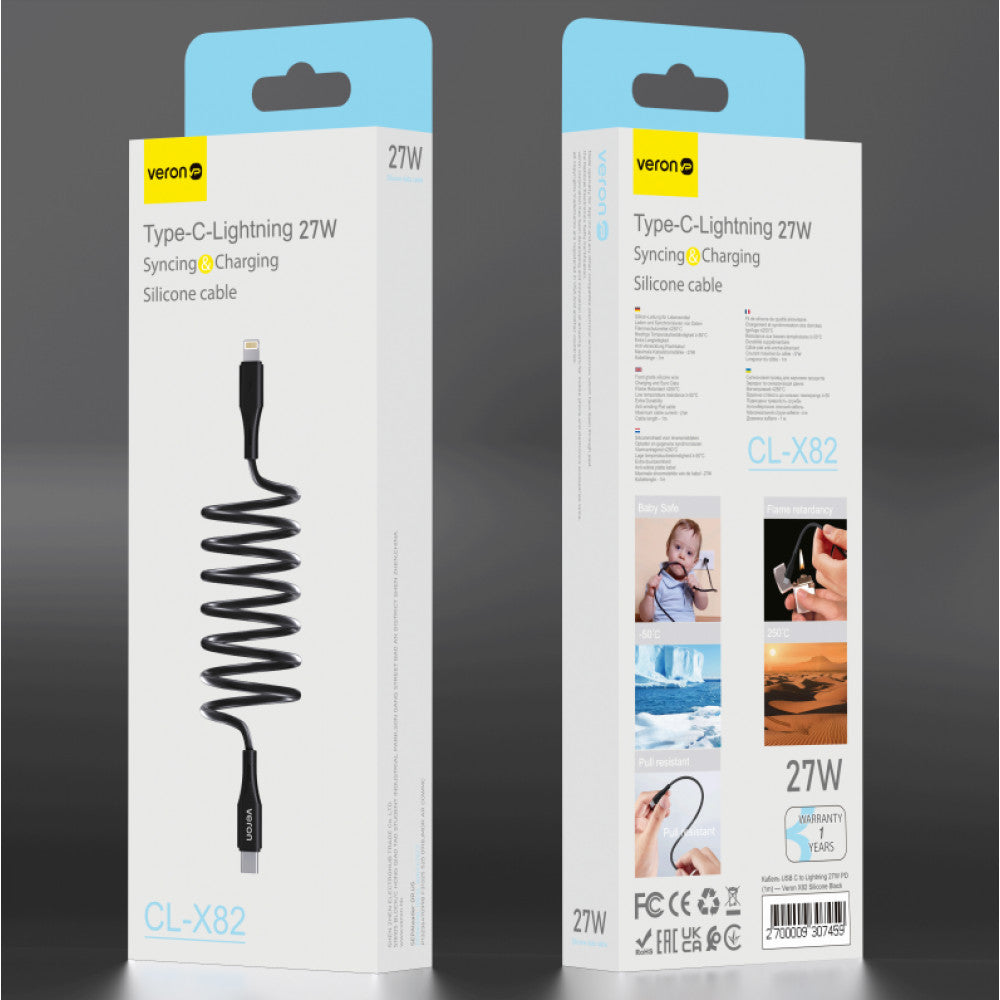 Silicone Cable USB C to Lightning 27W PD (1m) — Veron CL-X82 — Black