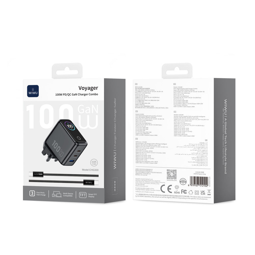Home Charger | 100W | GaN | 1U | 2C | C to C Cable (1m)— Wiwu CHG300