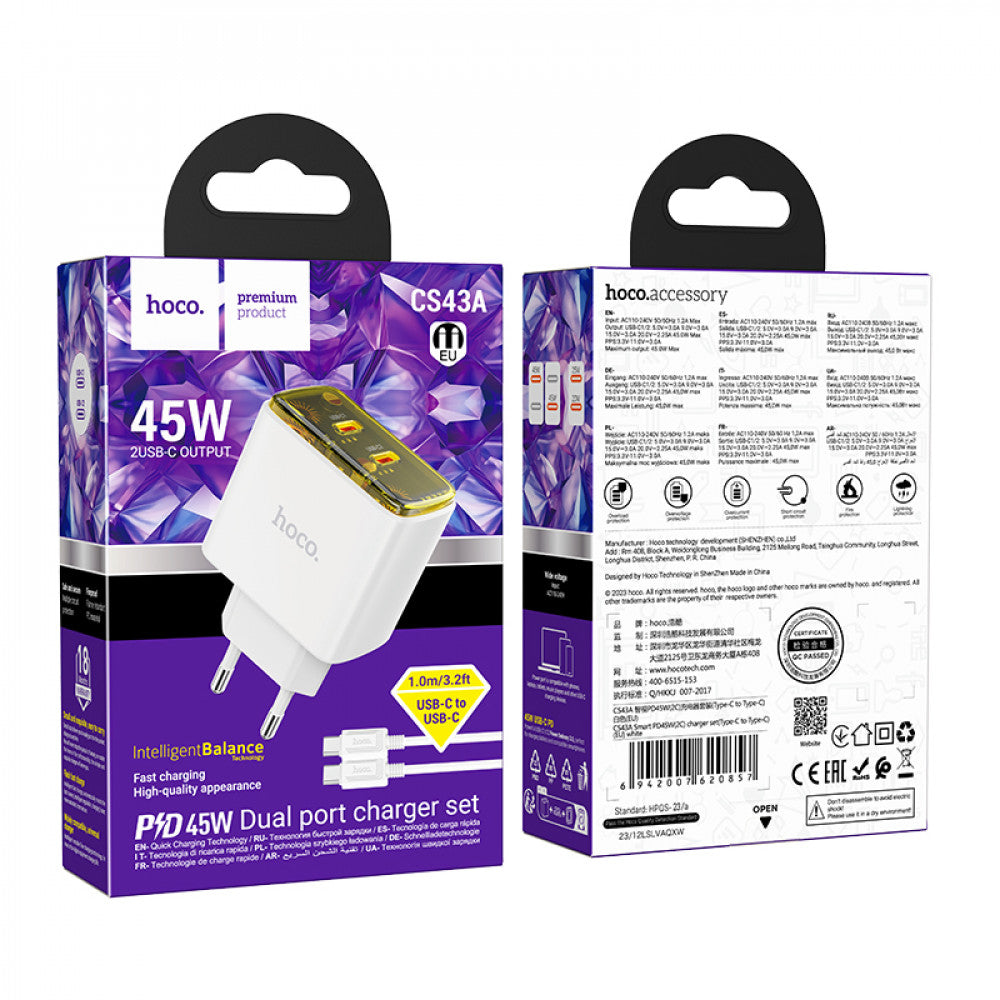 Home Charger | 45W | 2PD | C to C Cable (1m) – Hoco CS43A – White