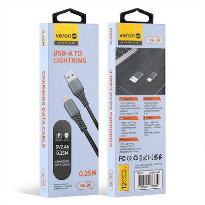 Lightning cable 2.4A (0.25m) Veron NL09 Nylon