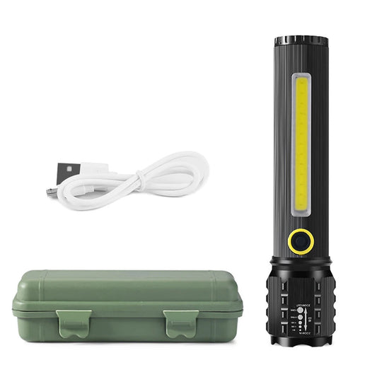 Rechargeable LED flashlight C73 with side diode three modes of operation, main light, side LED light and strobe
