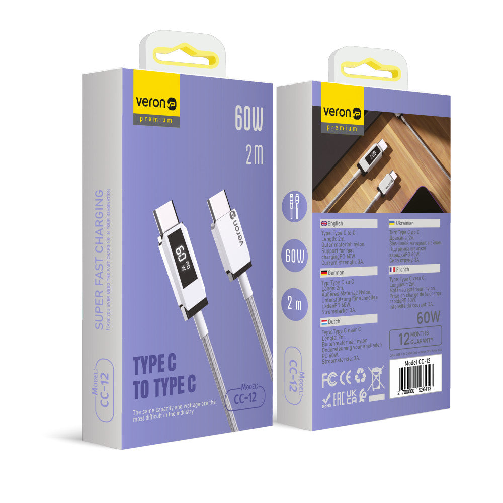 USB C to C cable 60W PD (2m) Veron CC12 Nylon LCD – Black