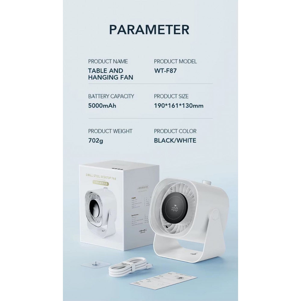 Портативный мини вентилятор WT-F87 - 5000 mAh — White