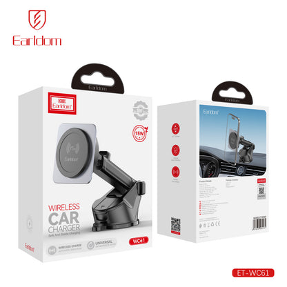 Автотримач магнітний на присосці з бездротовою зарядкою 15W Earldom ET-WC61