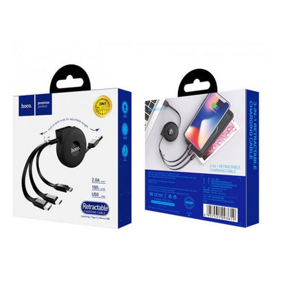 Cable 3 in 1 (L, M, C) 2A (1m) Hoco U50 Retractable – Black