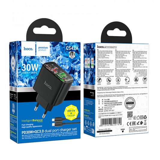 Home Charger | 30W | PD | QC3.0 | C to Lightning Cable (1m) – Hoco CS42A – Black