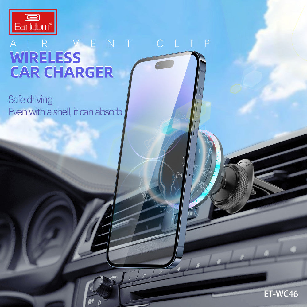Автотримач магнітний на повітропровід з бездротовою зарядкою 15W Earldom ET-WC46