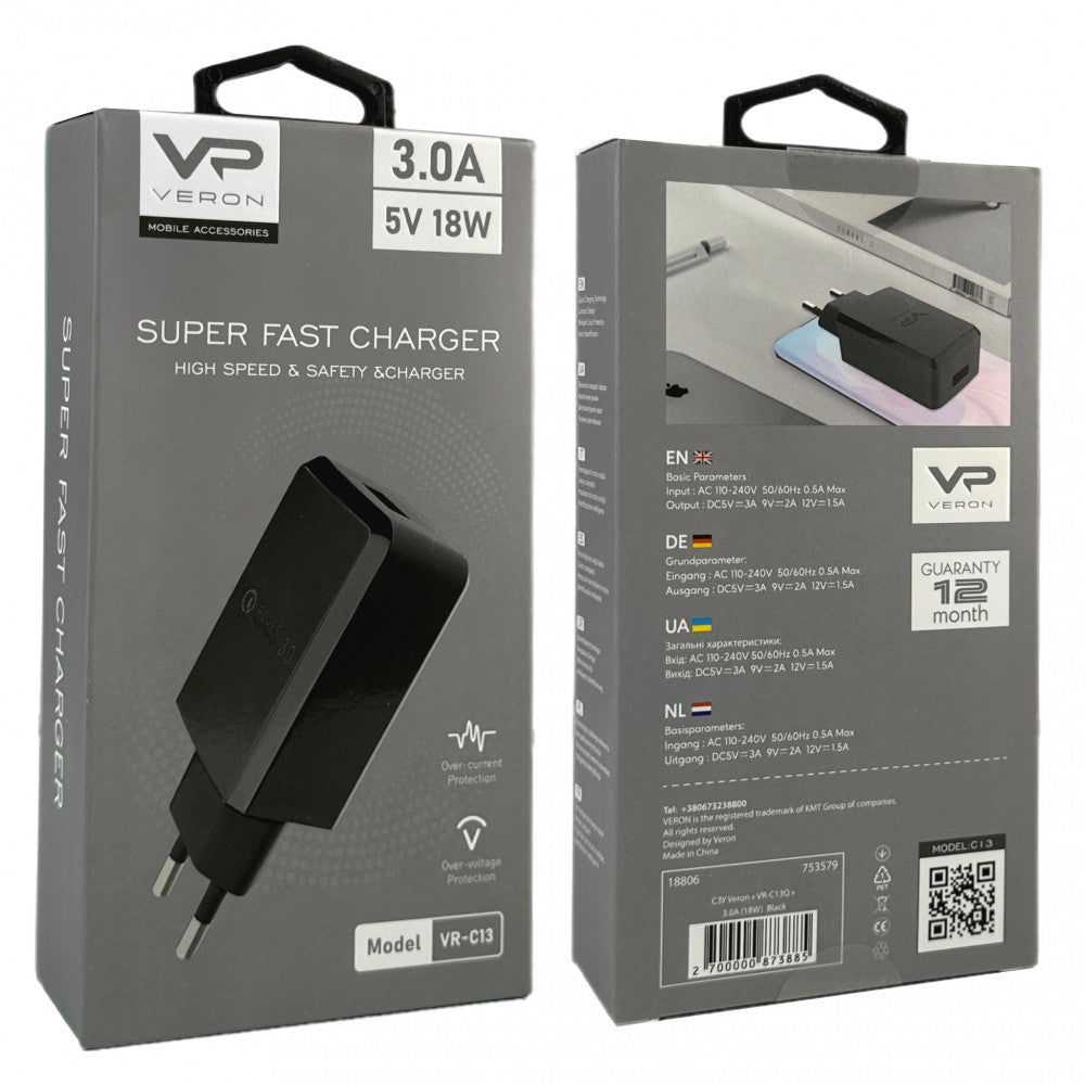 Home Charger | 18W | 1U — Veron VR-C13Q — Black