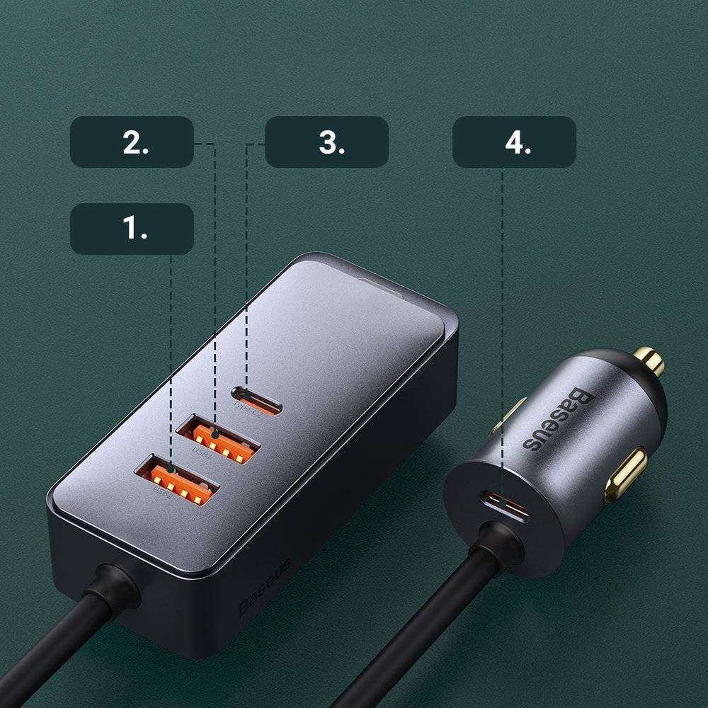 Car Charger 120W 2U 2C Extension Cord Baseus (CCBT-A0G) Share Together PPS multi-port Fast charging Gray – CCBT-AOG Gray