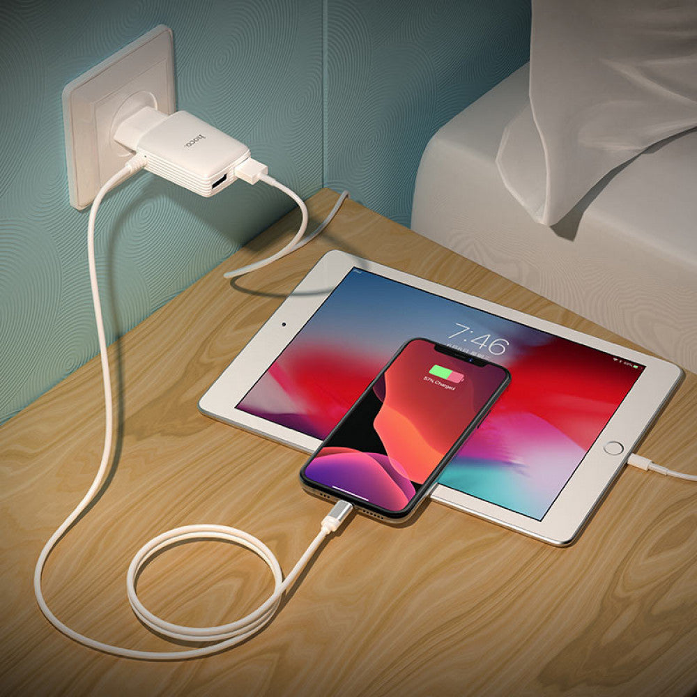 Home Charger | 2.4A | 2U | Lightning Cord (1m) – Hoco C82A – White