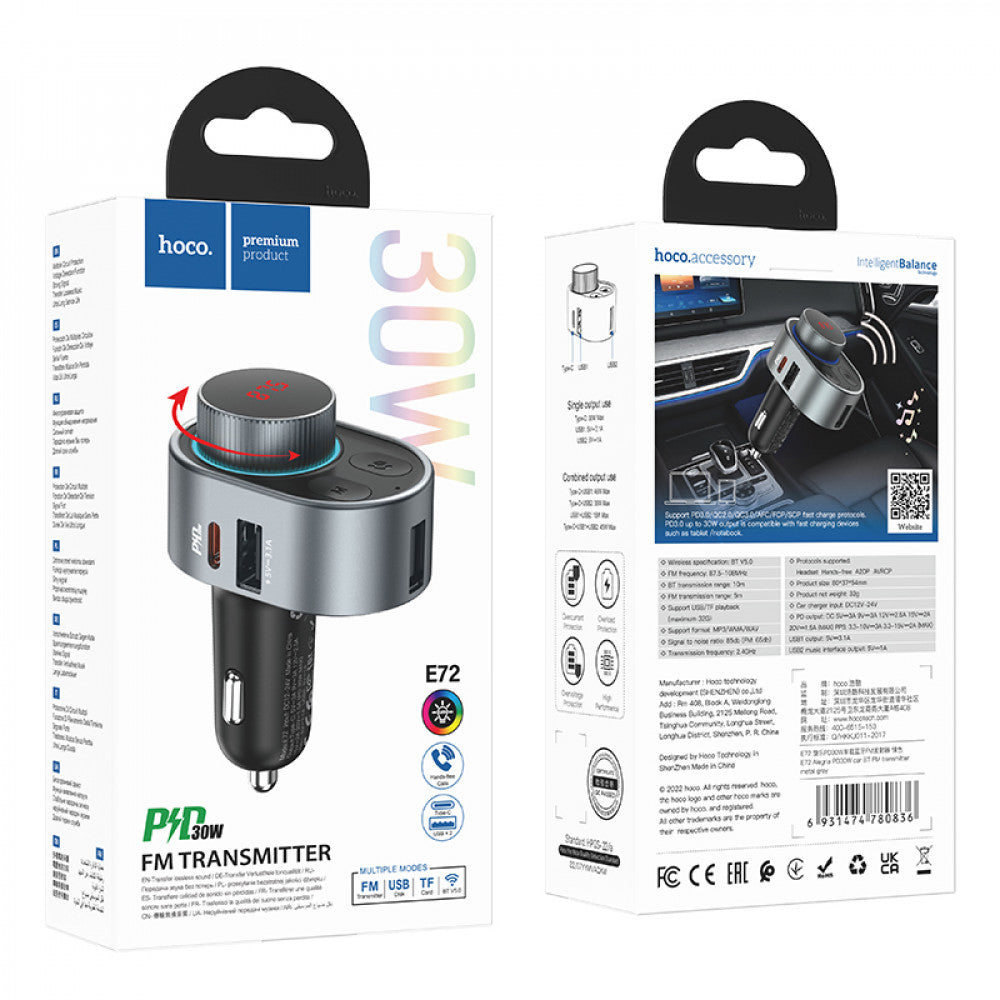 Fm Transmitter MP3 | Car Charger | 3.1A | PD30W | 2U – Hoco E72 – Metal Gray
