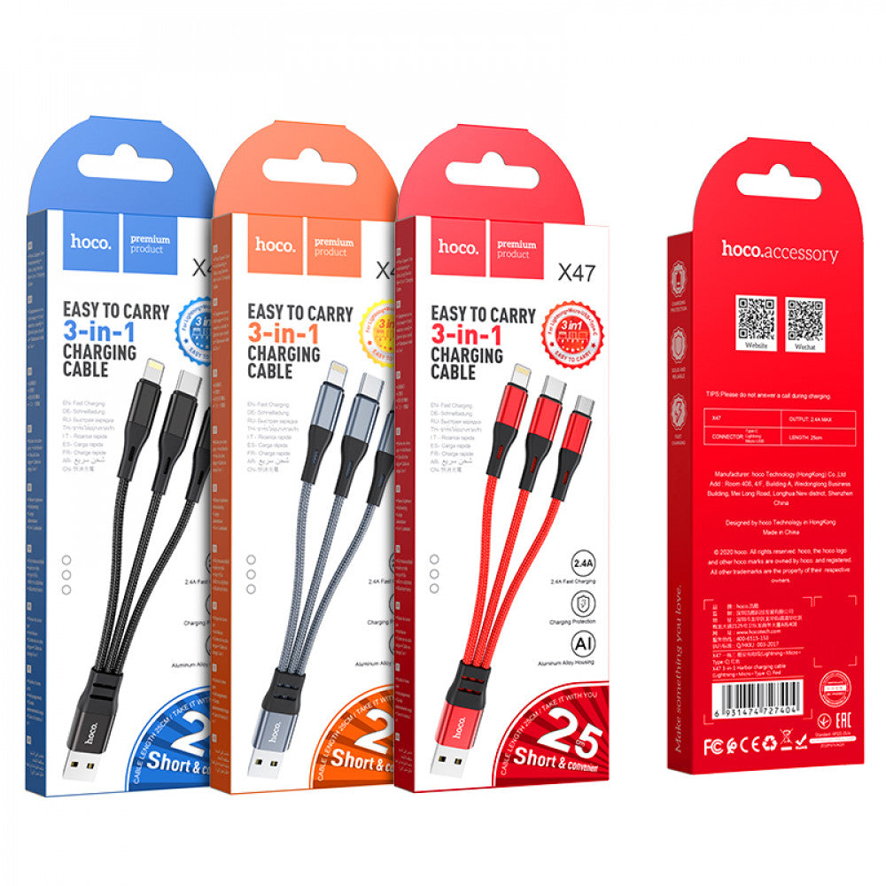 Cable 3 in 1 (L, M, C) 2A (1m) Hoco X47 – Black