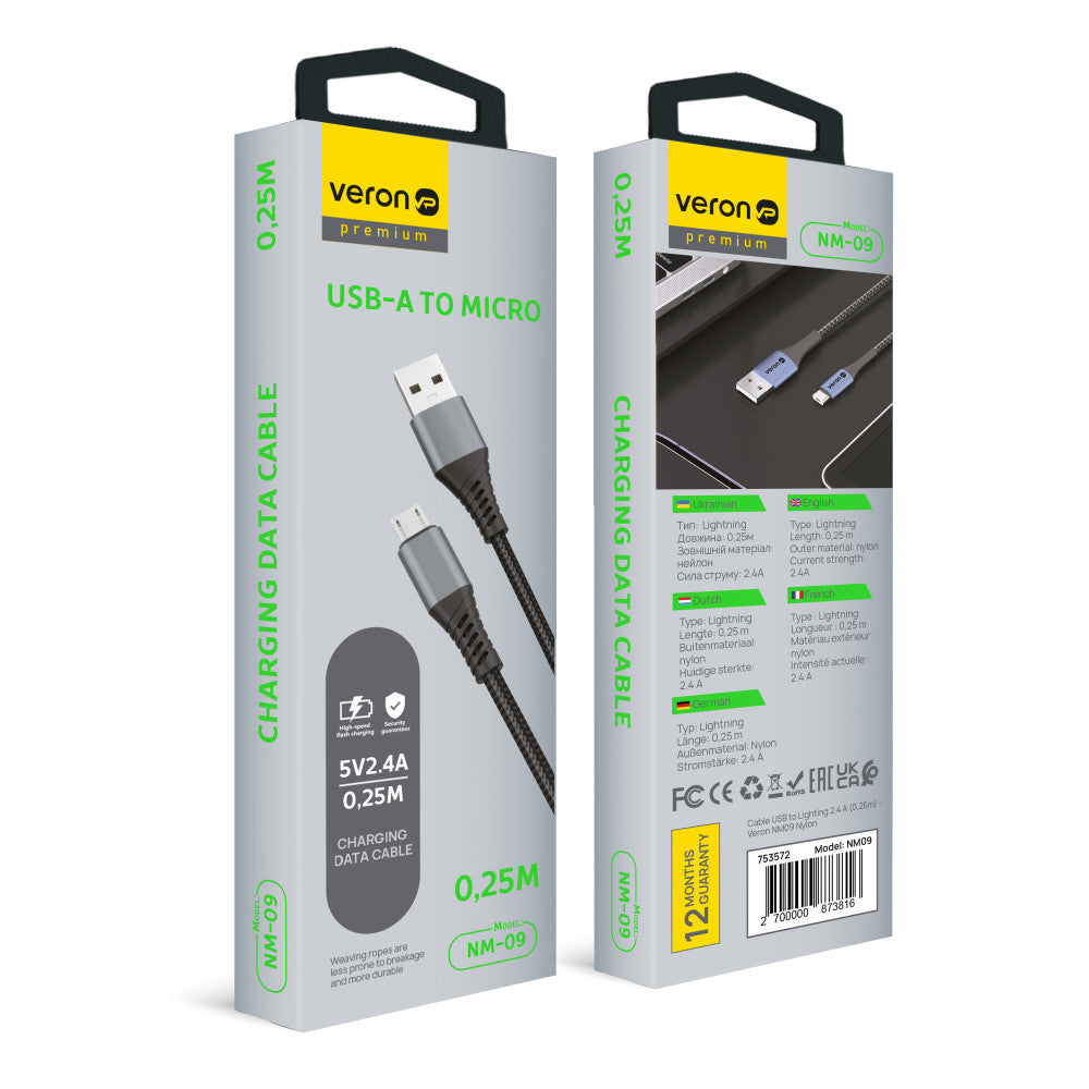 USB Micro Fast Charging Cable 2.4A (0.25m) Veron NM09 Nylon