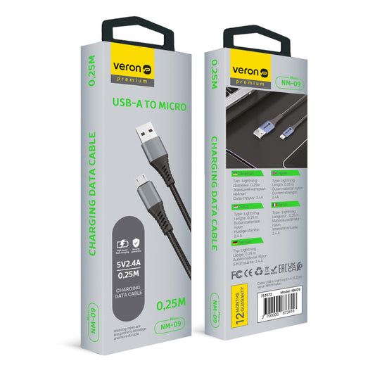 USB Micro Fast Charging Cable 2.4A (0.25m) Veron NM09 Nylon