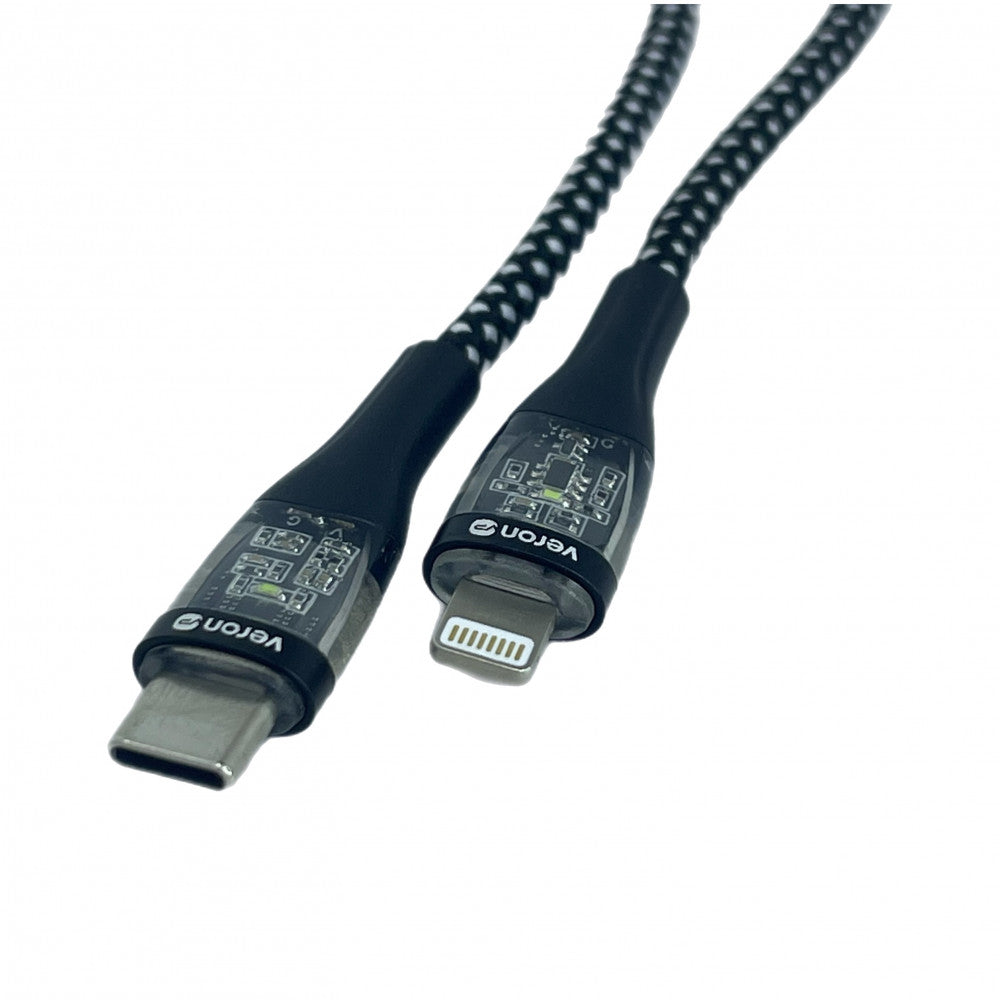 Cable USB C to Lightning 27W PD (1.2m) Veron CL01 Nylon LED – Black