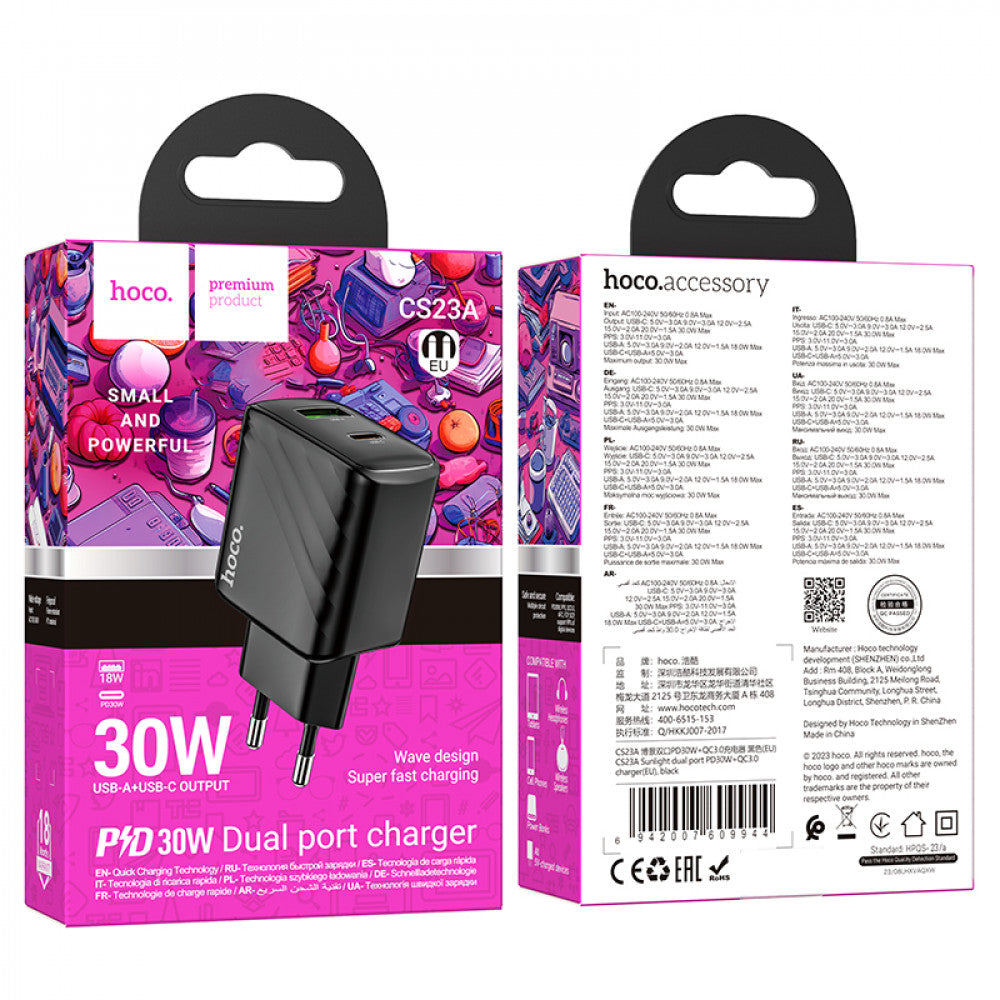 Home Charger | 30W | PD | QC3.0 – Hoco CS23A – Black