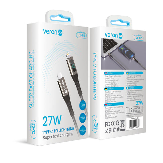 Cable USB C to Lightning 27W PD (1.2m) Veron CL02 Nylon LCD – Black
