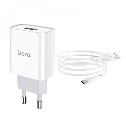 Home Charger | 2.1A | 1U | USB C Cable (1m) – Hoco C81A – White