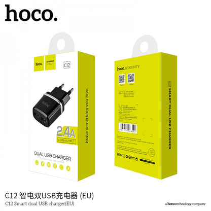 Home Charger 2.4A 2U Lightning Cable (1m) Hoco C12 Black – Black