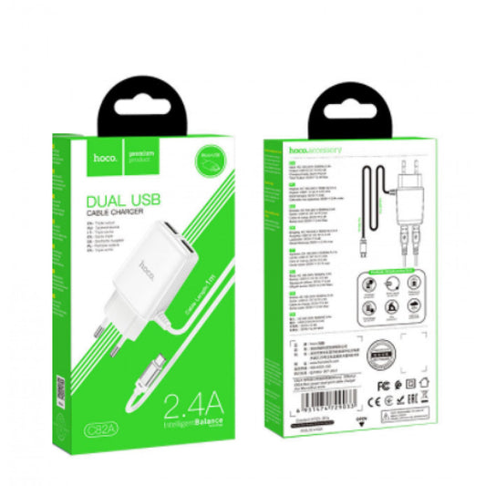Home Charger | 2.4A | 2U | Lightning Cord (1m) – Hoco C82A – White