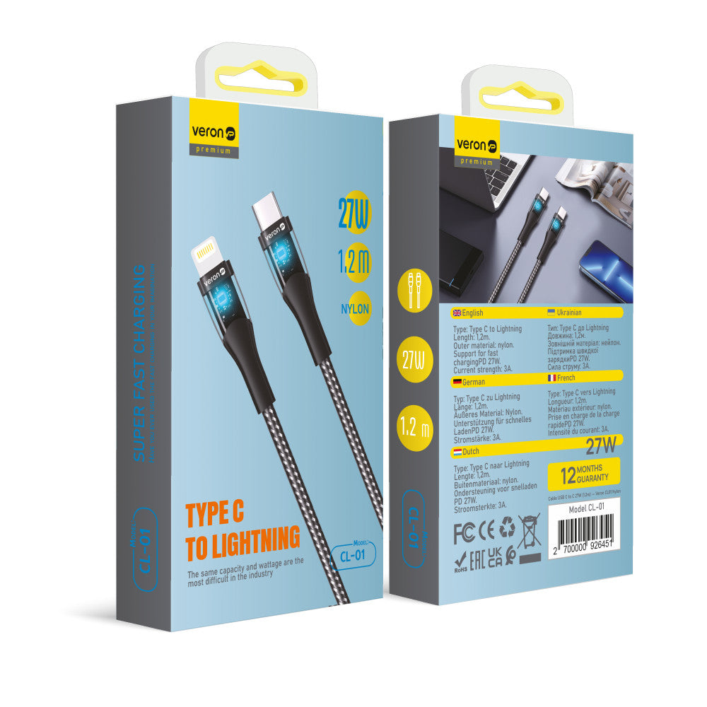 Cable USB C to Lightning 27W PD (1.2m) Veron CL01 Nylon LED – Black