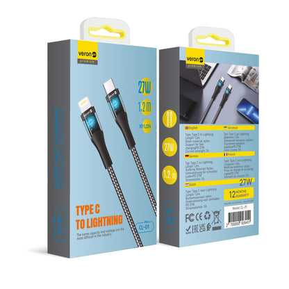 Cable USB C to Lightning 27W PD (1.2m) Veron CL01 Nylon LED – Black