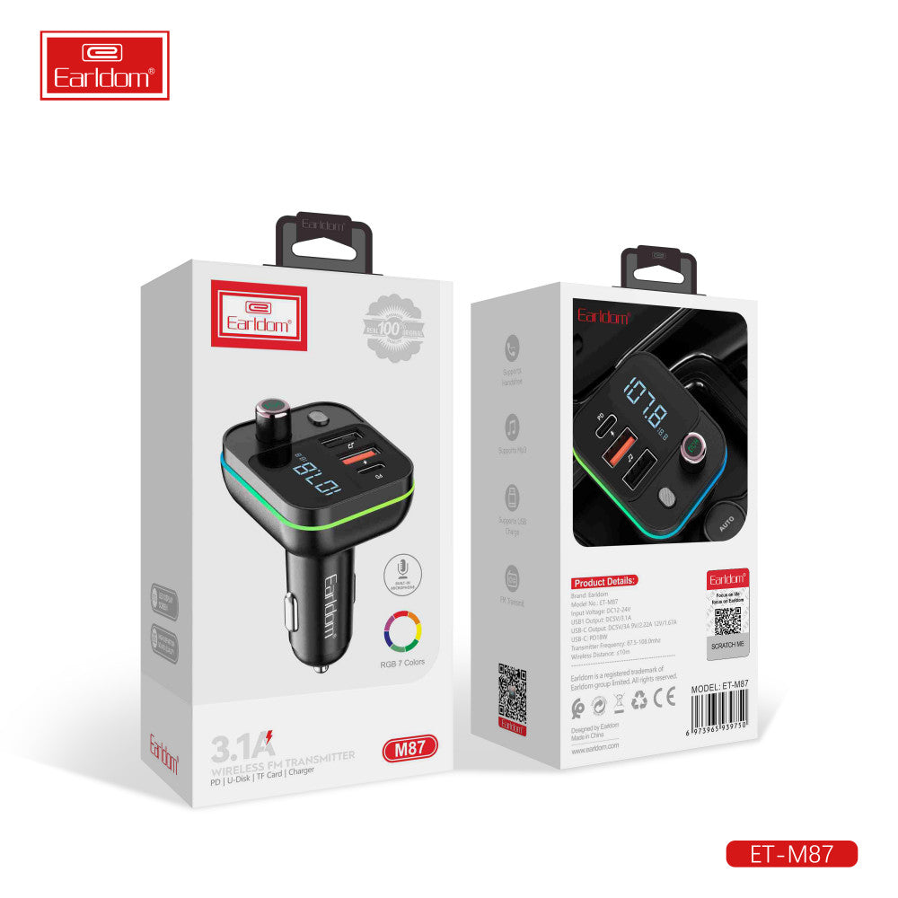 Fm Modulator MP3 | Car Charger | 3.1A | 2U | 1C - Earldom ET-M87