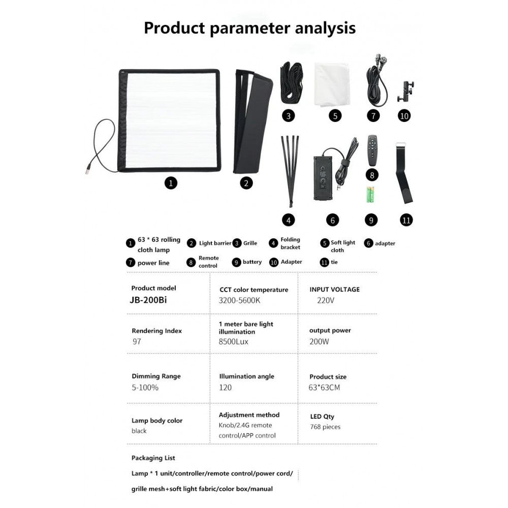 ZSYB JB-200X 200W 3200K-5600K Flexible LED Video Light with APP Control 63cm