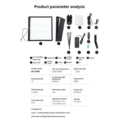 ZSYB JB-200X 200W 3200K-5600K Flexible LED Video Light with APP Control 63cm