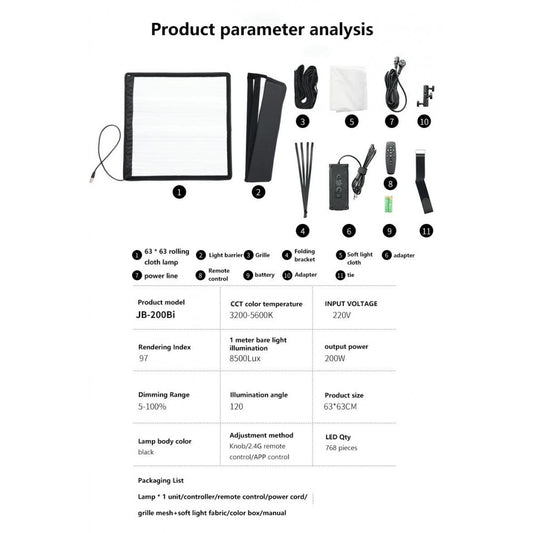 ZSYB JB-200X 200W 3200K-5600K Flexible LED Video Light with APP Control 63cm