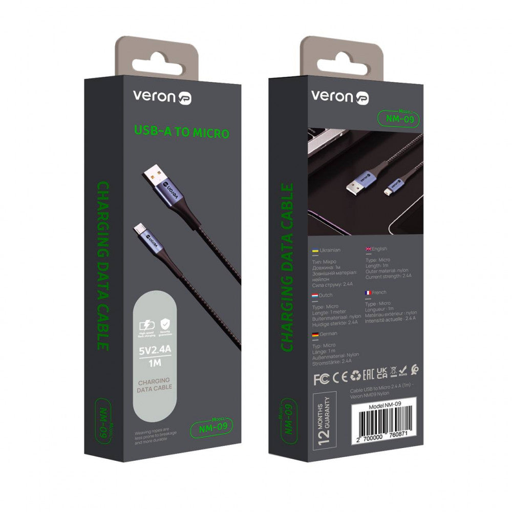 Cable Micro 2.4A (1m) Veron NM09 Nylon – Black