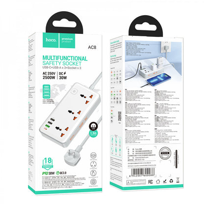 Мережевий фільтр 2500W 3U | 3P | 1C 30W | 1.5m — Hoco AC8A — White