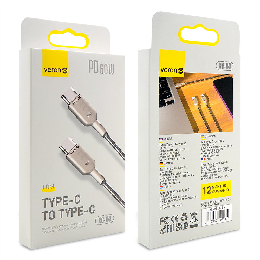 USB C to C Cable 60W PD (1m) Veron CC04 Nylon – Black